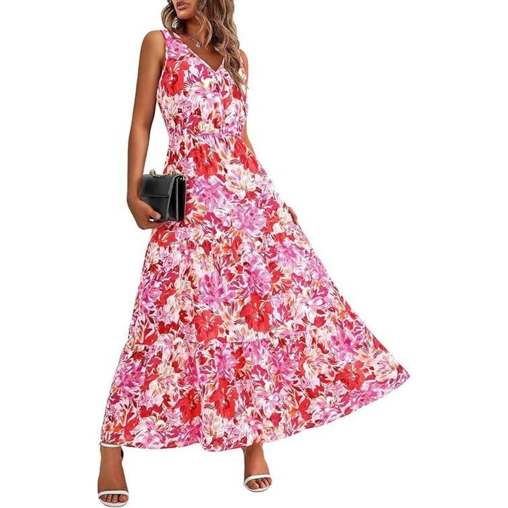 MSRP $54 BTFBM Women's Rose Red Flower L Summer Maxi Dress V-Neck Wedding Gu